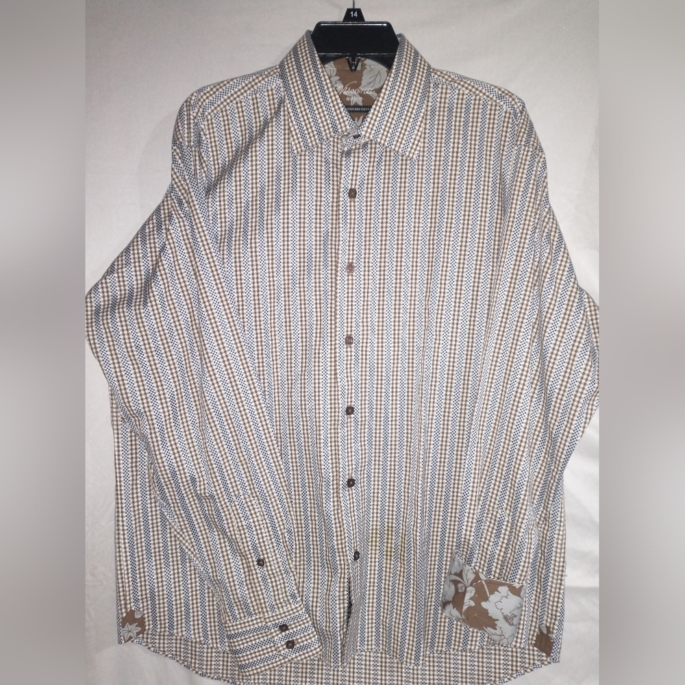 Visconti Uomo Men's Large Blue & Brown Striped Contrast Cuff Button Down Shirt